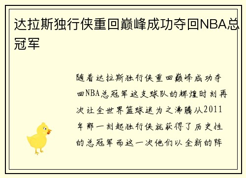 达拉斯独行侠重回巅峰成功夺回NBA总冠军