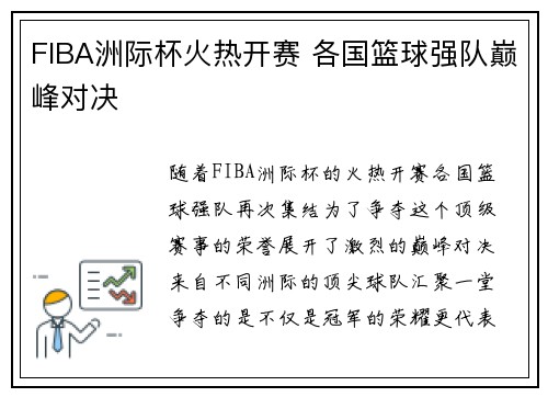 FIBA洲际杯火热开赛 各国篮球强队巅峰对决